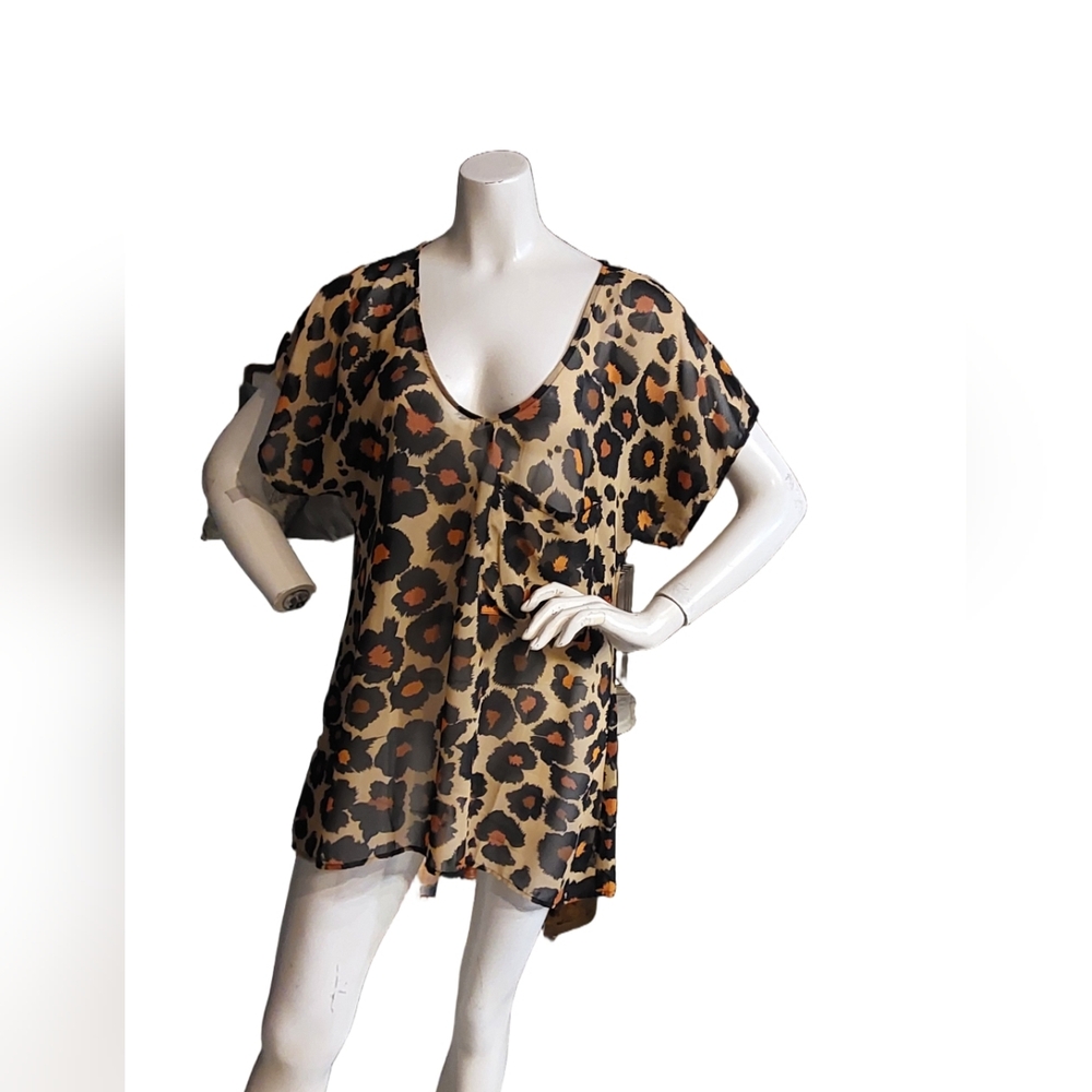 Show Me Your Mumu Leopard Print Top Sheer Cover Up‎ V-Neck Beachy Boho Size M